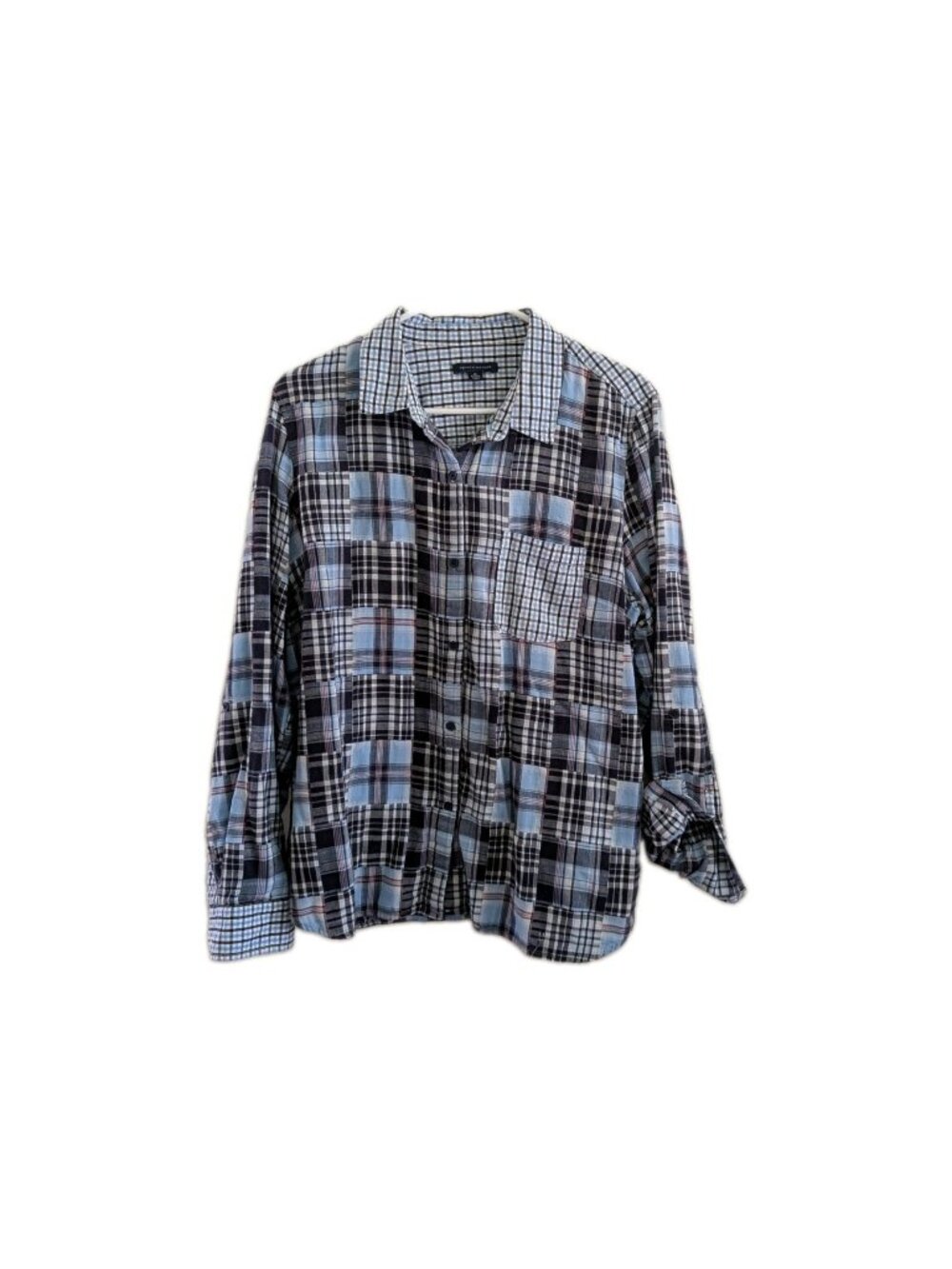 Tommy Hilfiger Patchwork Plaid Button Down Top Women's XL Blue Cotton Roll Tab
